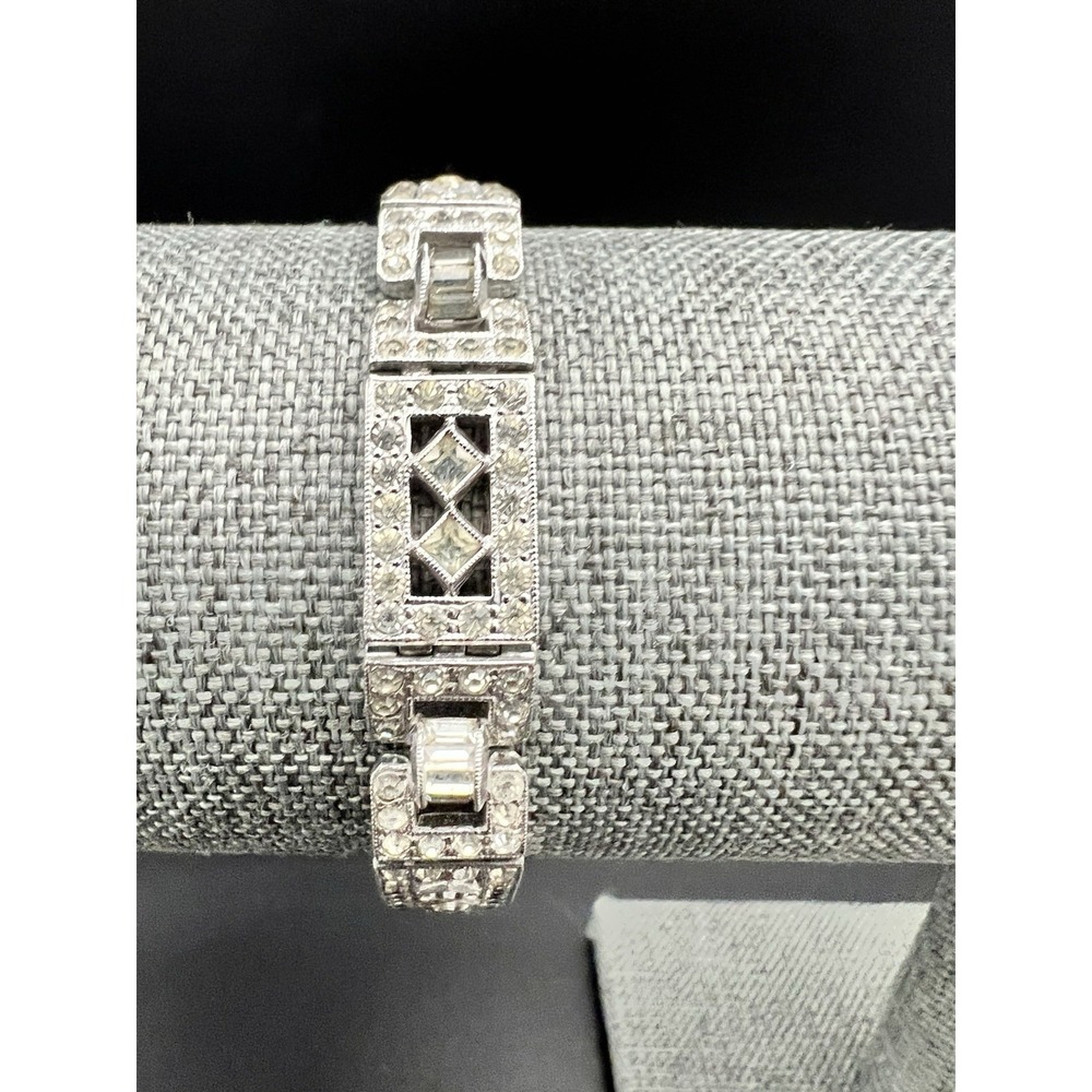 Vintage Engel Brothers Art Deco Rhinestone‎ Bracelet Signed EB Rhodium Link 7"